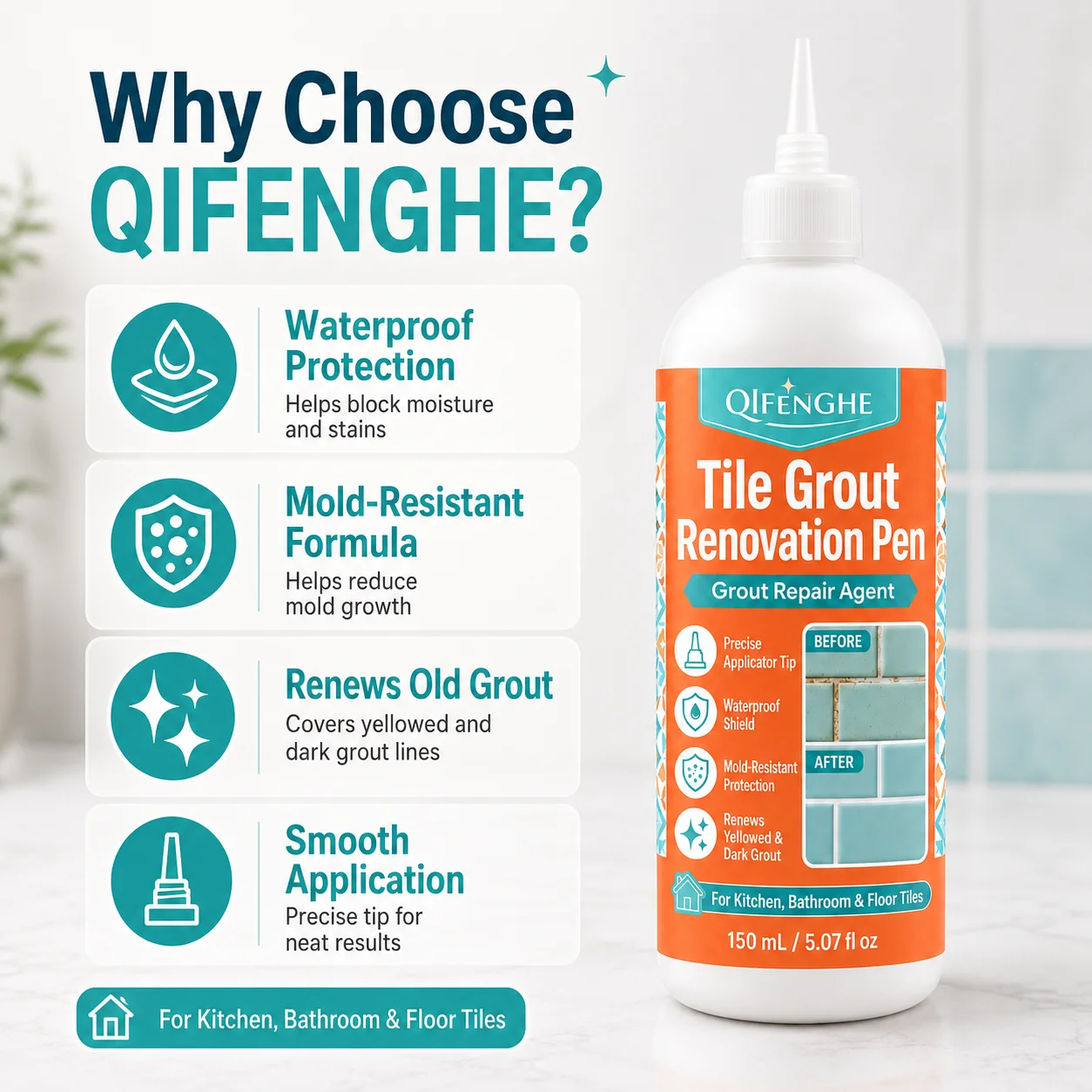 Tile Joint Beautifier Pen, 150ml Grout Color Restorer with Fine Tip Squeeze Bottle, No Tool Needed DIY Tile Sealer, Anti-Mold Wa