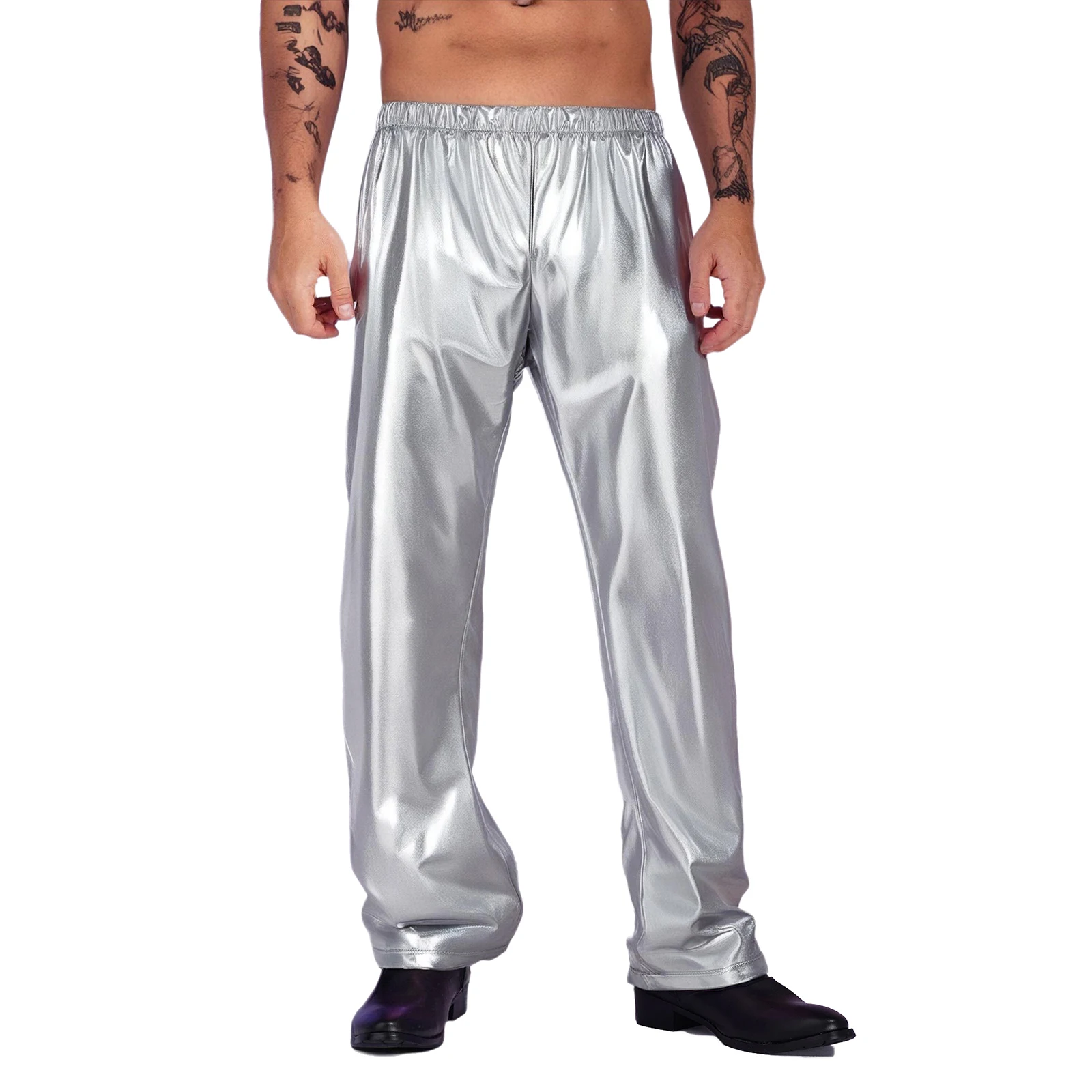 

Mens Hippie Jazz Hip-hop Dance Pants Metallic Shiny Elastic Waistband Trousers Nightclub Rave Disco Party Dancing Stage Clubwear