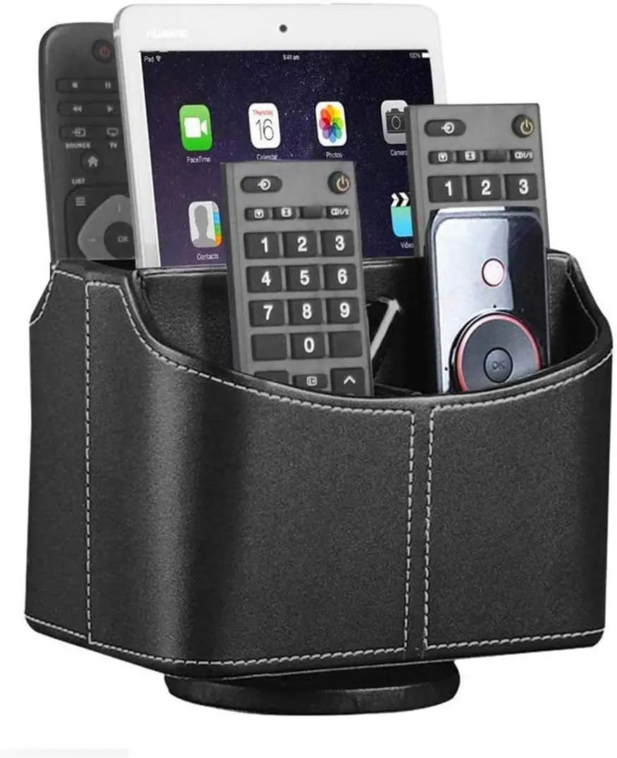 

360° Rotating Remote Control Holder, PU Leather Desk Organizer for TV, Phone, Pen, Mail