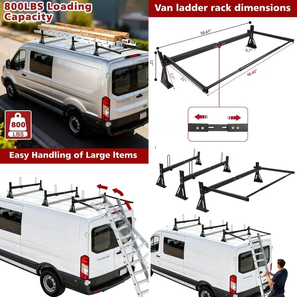 

Van Ladder Rack with Roller,Adjustable Length 50-61" Van Roof Rack with Cargo Stoppers,Compatible with Ford Transit150/250/350