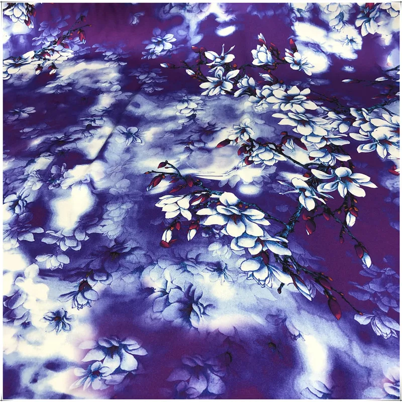 High Quality 40momme Inkjet Printing Wide Silk Dark Purple Pear Flower Stretch Thick Satin Cheongsam Fabric