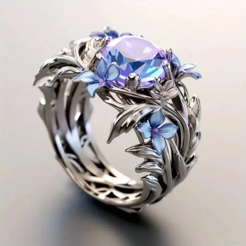 European and American new fashionable retro flower shape blue zircon inlaid personalized versatile women's ring