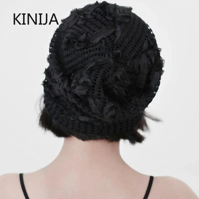 Fashionable Thin Lace Flower Pullover Hat for Women Japanese Spring Summer Headscarf Hat Mesh Hat Trendy Hollow Beanie Cap