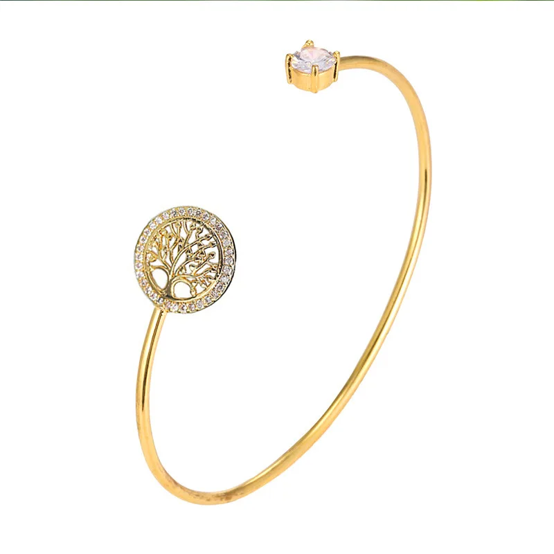 2023 New Trendy Gold Color Zircon Tree of Life Bracelet for Women Charm Crystal Stainless Steel Cuff Bangles Luxury Jewelry Gift