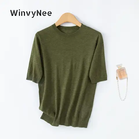 WinvyNee Women Worsted Wool Crew Neck Plain Short Sleeve Pullover Spring Autumn Classic Chic Lightweight Basic Staple A1757021A