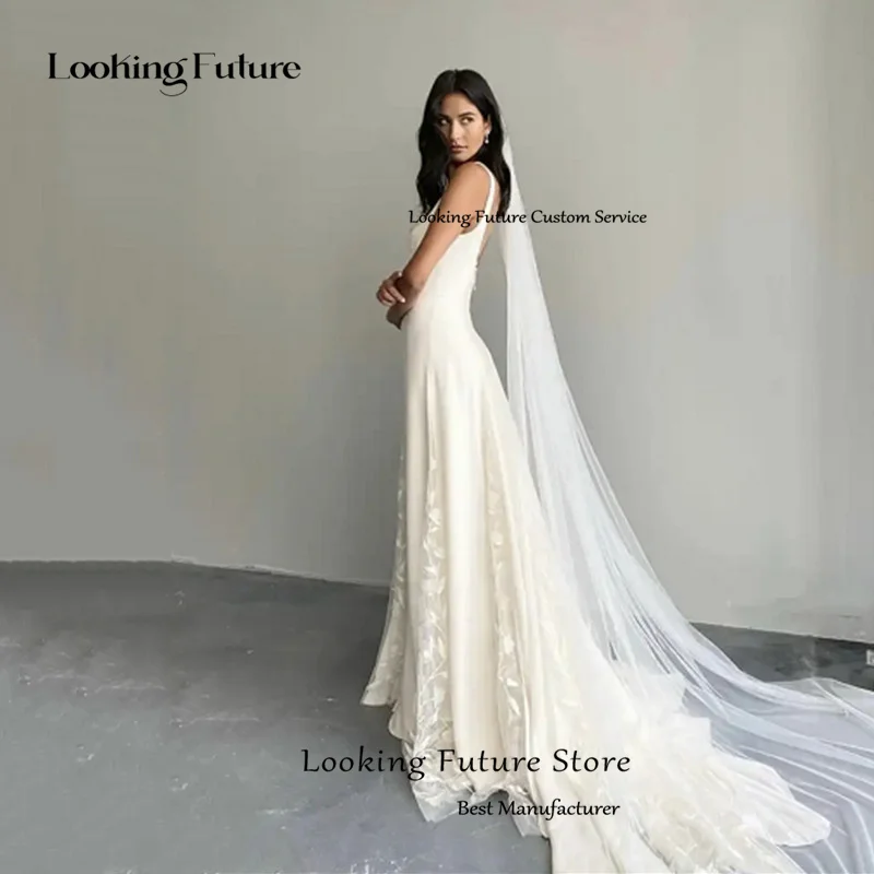 Gaun pengantin panjang A-Line sederhana tanpa lengan kerah persegi pengantin elegan applique tali Spaghetti gaun Backless Vestido 2024