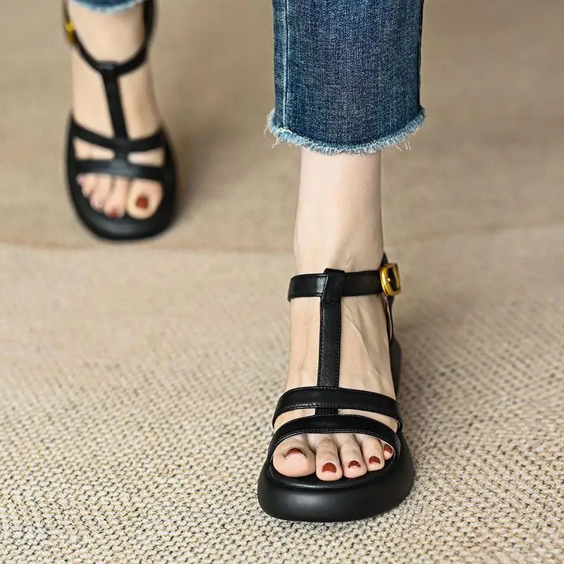 Sandalias French High Heel Sandal Women 2023 New PlatformThick Heel Sandals Soft Leather Sandal Retro Student Sandal Women Shoe