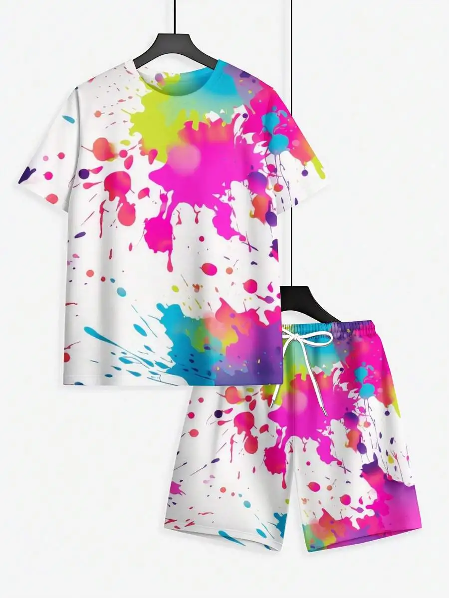 

Mens Colorful Paint Splatter Print T-Shirt And Shorts Set Casual Summer Sportswear