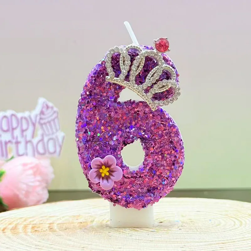 Princess Water Diamond Crown Purple Sparkling Candleflower Digital Birthday Cake Top Cover Party Supplies