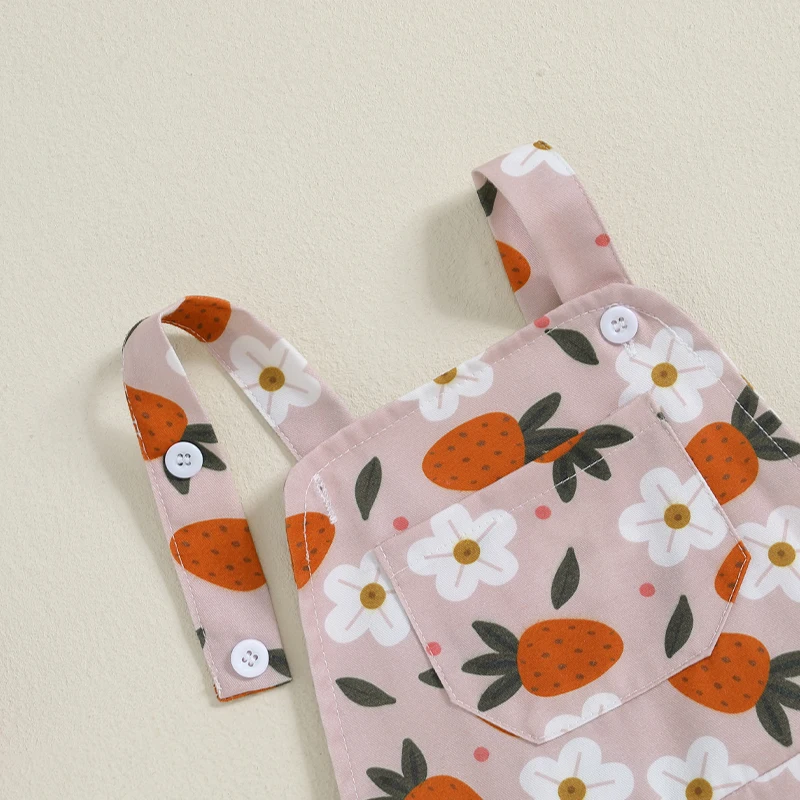 Toddler's Strawberry Flower Print Denim Romper, macacão sem mangas com bolso, roupas de verão infantil, macacão meninas