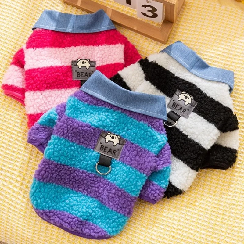 Stripe Lamb Wool Shirts Dog Clothes Denim Collar Shirt Puppy Dogs Clothing Cat Winter Outfits Fashion Kawaii Boy Pet Products