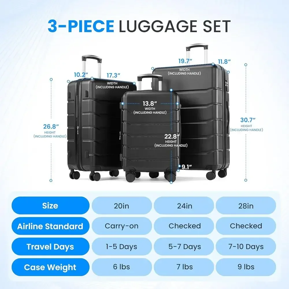 Expandable 3-Piece Hard Shell Luggage Set with Double Spinner Wheels & TSA Lock, Lightweight Rolling Suitcase, Black