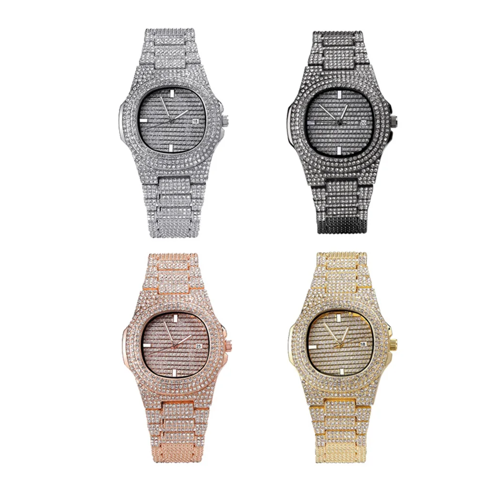 

Rhinestone Zircon Watch Men Luxury Watches Jewelry Quartz Wrist Hip Hop for Band Man Mens Dress