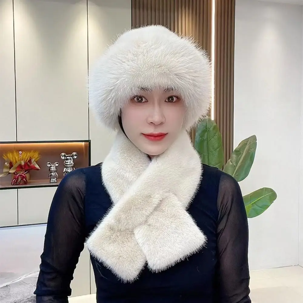 New Fashion Faux Fur Winter Hat Scarf Set Windproof Solid Color Neck Warmer Thick Warm Ear Protection Women