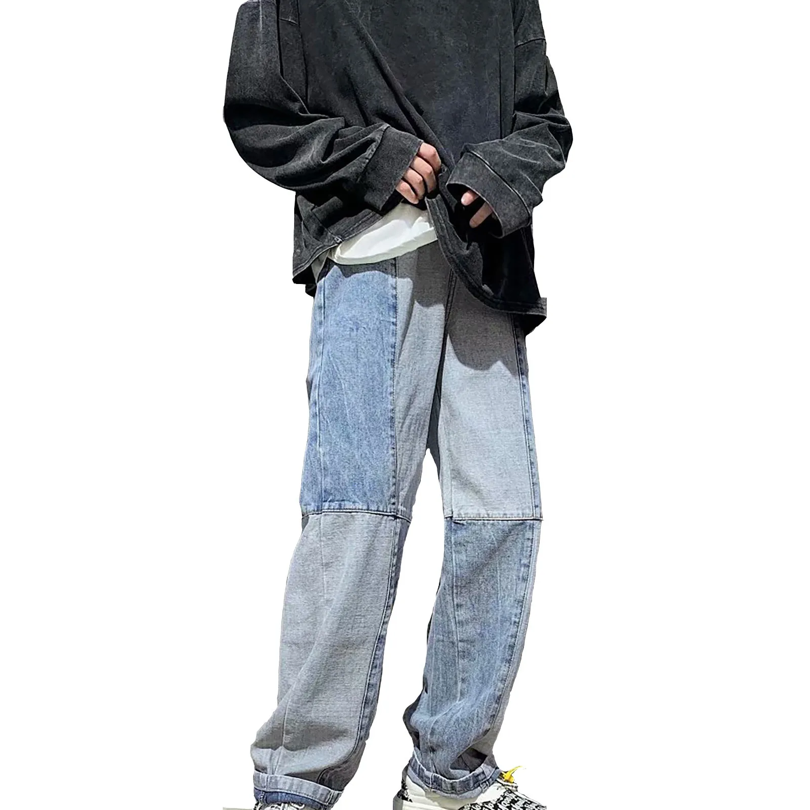 Fashion Men's Denim Korean Style Wide-leg Pants 2024 New Autumn Loose Straight-leg Jeans Patchwork Denim Trousers Male