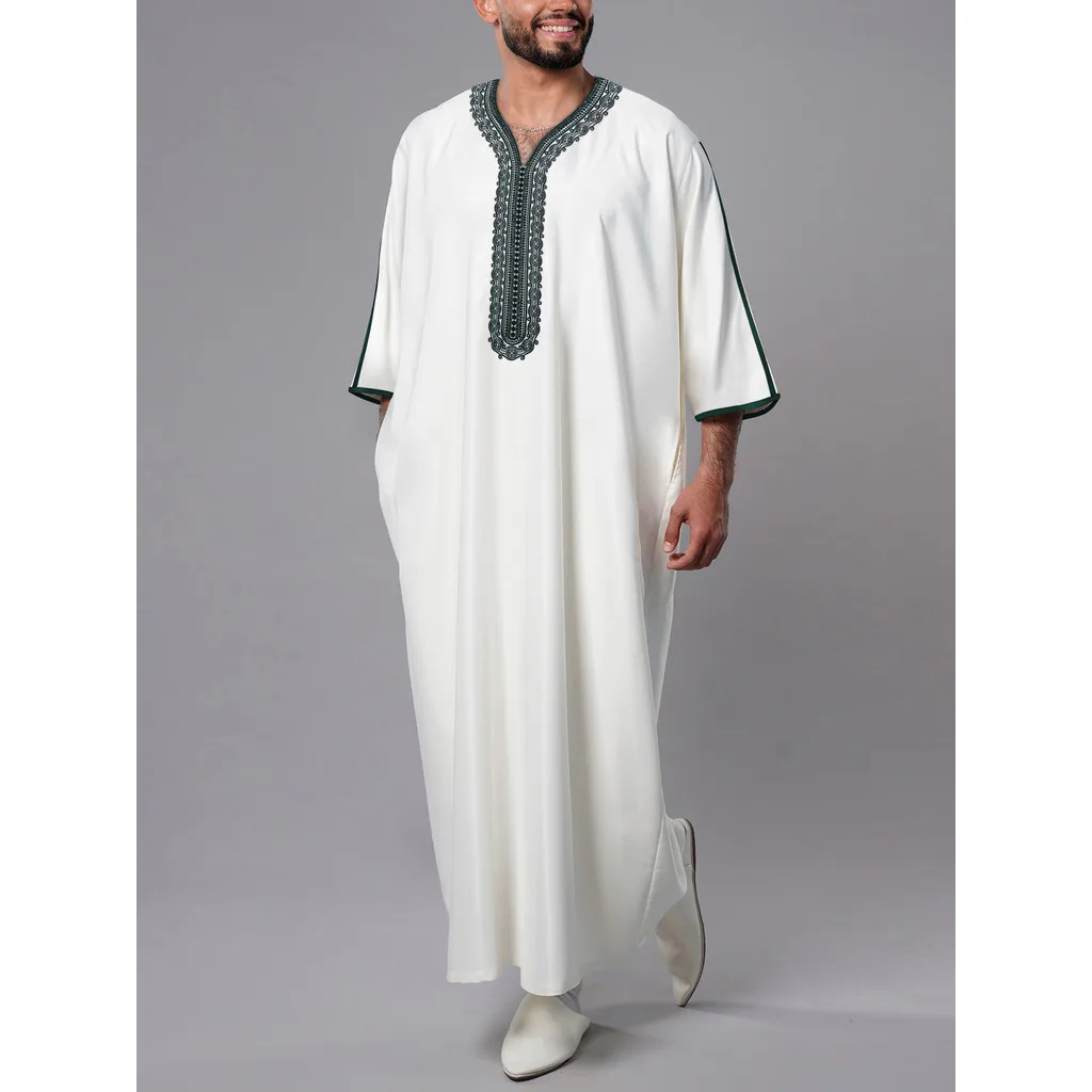 2025 Ramadan Jubba Thobeแขนยาวมุสลิมครึ่งแขนปักสไตล์ชาติพันธุ์โมร็อกโกผู้ชายRobeกระเป๋าด้านข้าง
