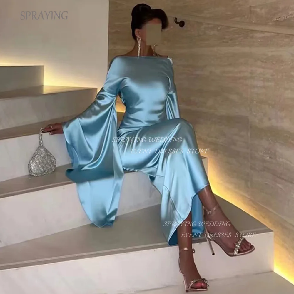 

SPRAYING Blue Silk Arabic Party Dresses Formal Flare Full Sleeves Criss-Cross Backless Simple Prom Evening Gown for Women