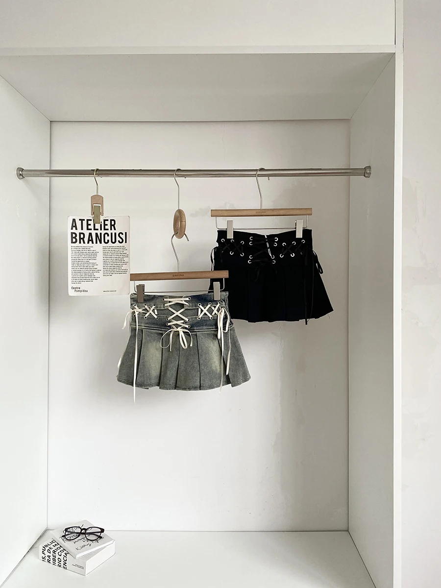 

Retro Spicy Girl High Waist Denim Pleated Skirt Women's Spring New American Style Tie Slimming Versatile Half-length Skirt