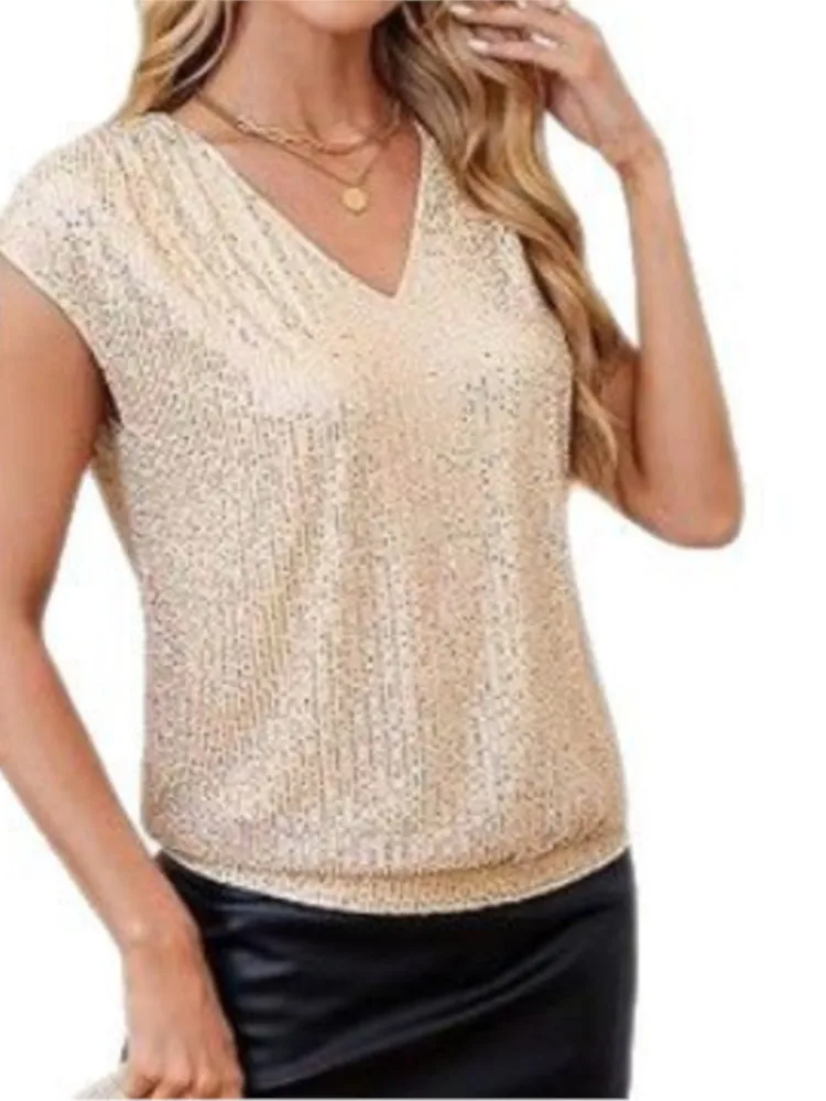 2025 Camiseta con cuello en V y lentejuelas brillantes para mujer, camiseta informal hasta la manga, comercio transfronterizo, blusas elegantes verano mujer