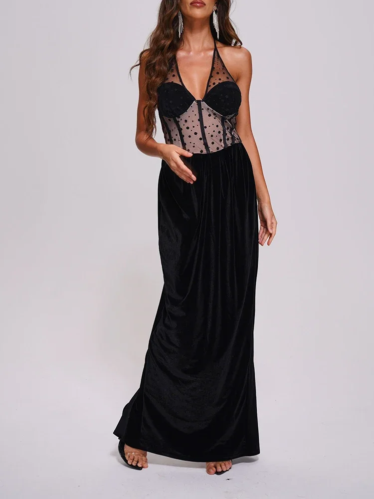 

Elegant Black Halter Neck Lace Patchwork Long Dress Women's Velvet Sleeveless Backless Sexy Slim Evening Party Gown