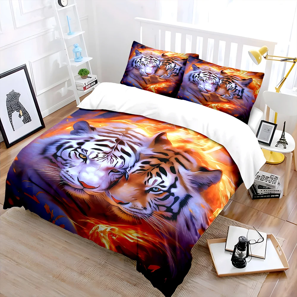 Two tigers with fiery glow Print Soft Comfortable Duvet Cover Bedding Set Included 1*Duvet Cover  2*Pillowcases Luxury gifts