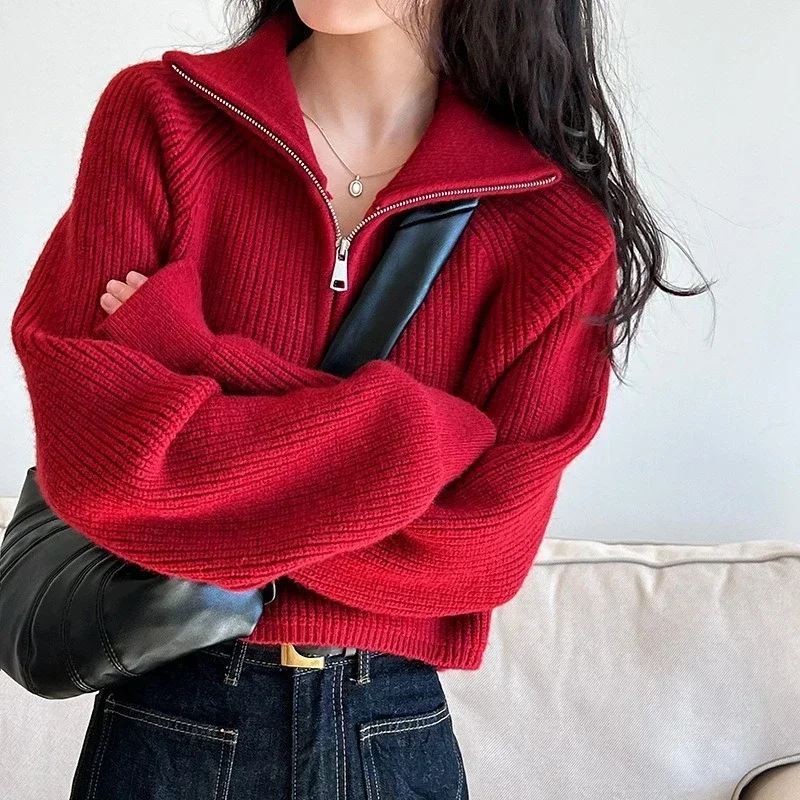 

Solid Red Loose Turndown Collar Women's TurtleneckAutumn Winter Zipper Sweaters Women Solid Color High Neck Knitted Pullover