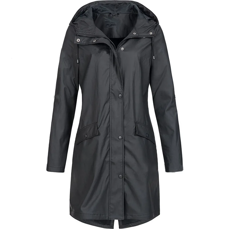 Women Casual Solid Color Long Coat Waterproof Zipper Rain Jacket Solid Color Outdoor Mountaineering Hooded Windproof Windbreaker