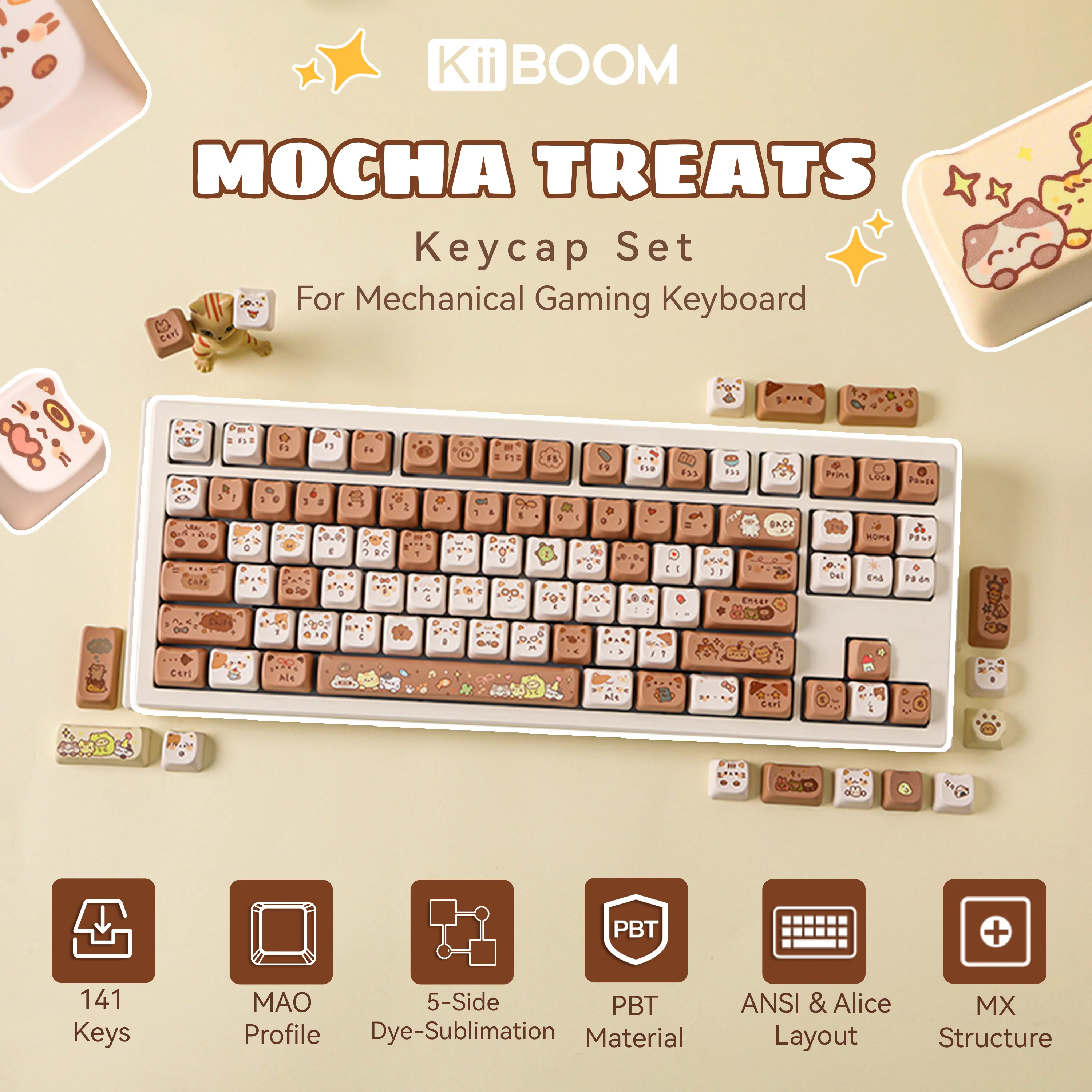 

Набор колпачков KiiBOOM Mocha Treats, 141 клавиша, профиль MAO, 5-сторонние колпачки для клавиш из ПБТ с сублимационной краской, совместимые с переключателями Cherry MX