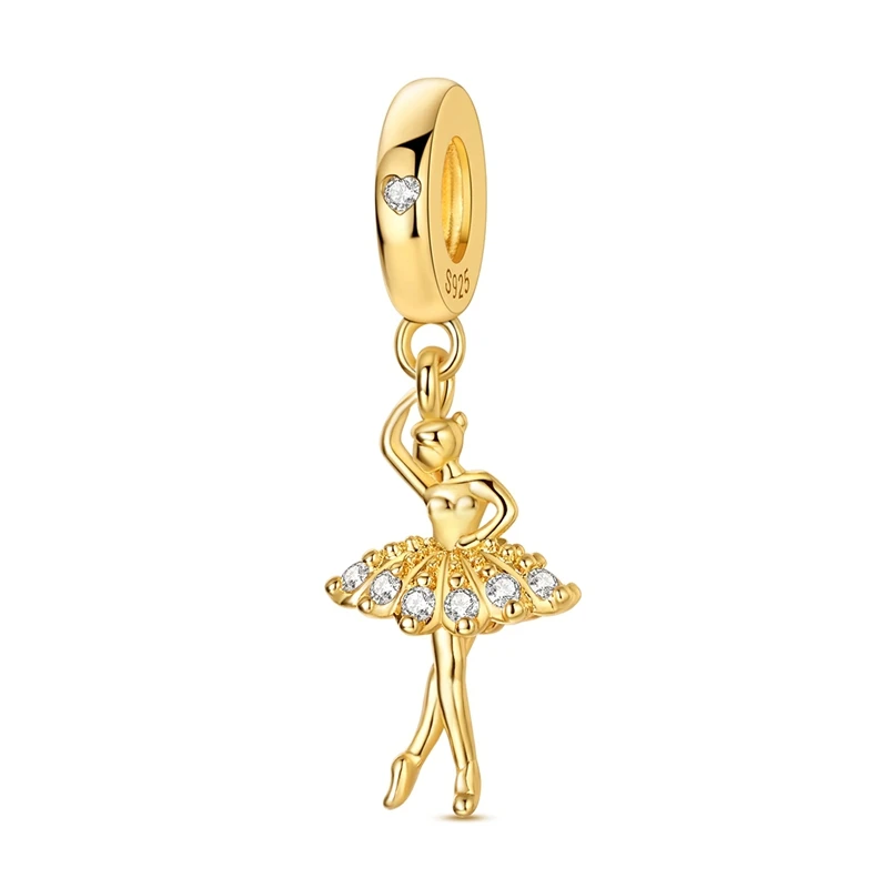 

925 Sterling Silver Charms Bead Sparking Golden Ballerina Dangle Fit Original Bracelet DIY Women Jewelry