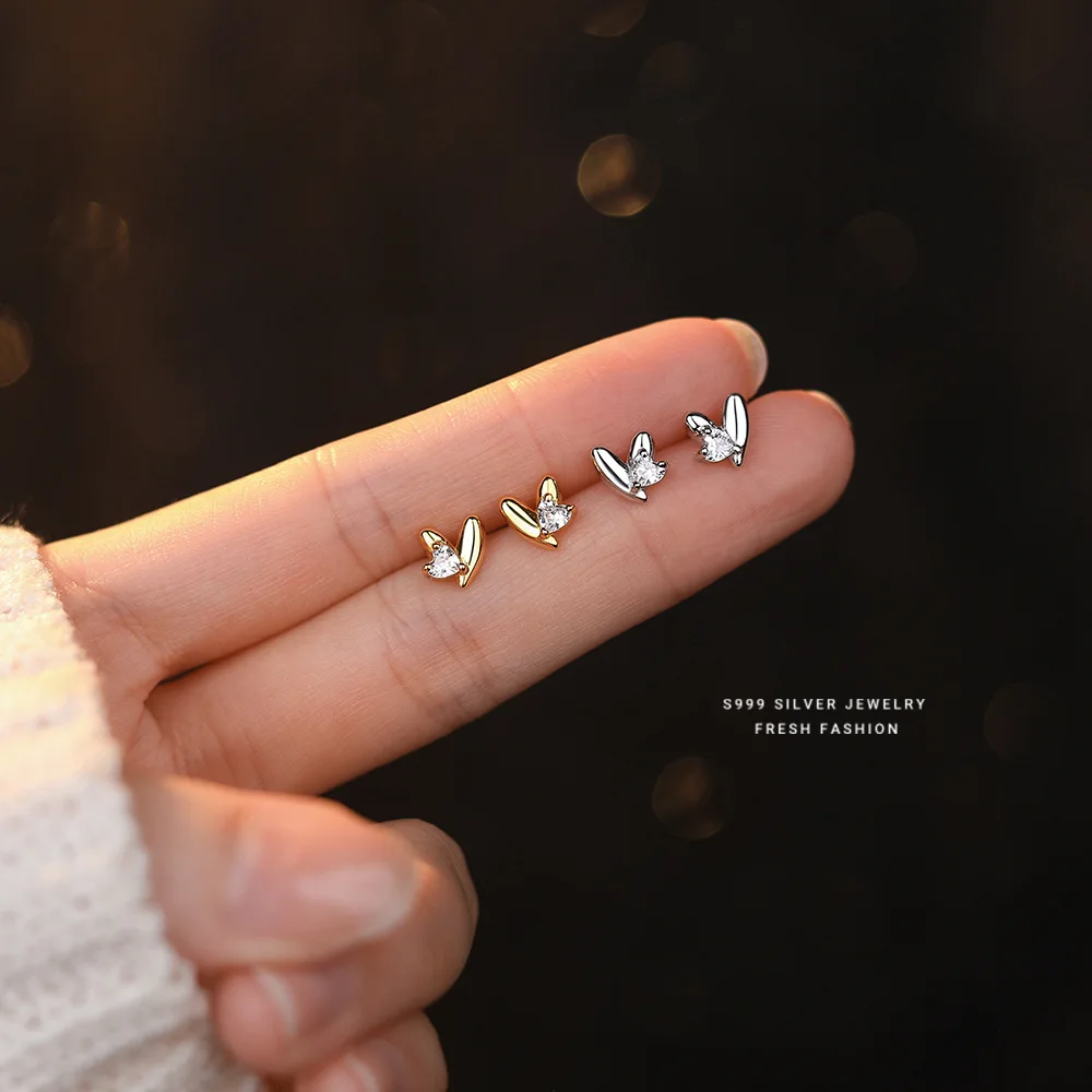 Real 999 Sterling Silver Earring Fashion  Shiny CZ Heart Stud Earrings For Women Fine Jewelry Gift image 5