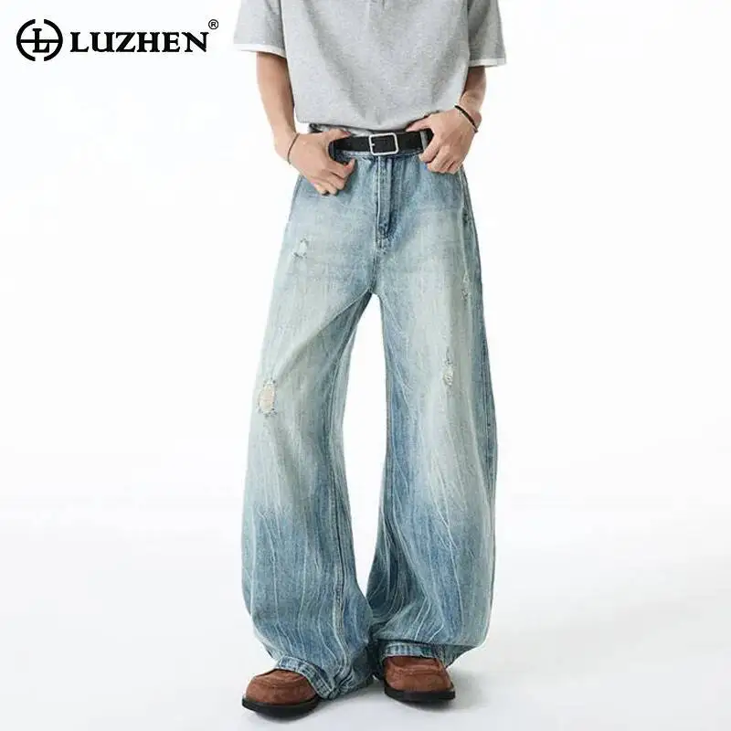 LUZHEN 2026 New Gradient Washed Loose Straight Casual Denim Pants Men's Trendy Handsome Simple Style Wide Leg Male Jeans JY7904