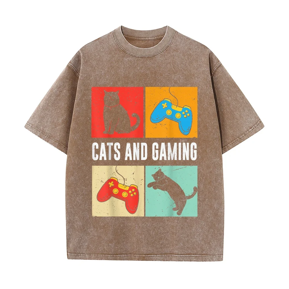 Cats and Gaming for The Cat Lover Gamer Video Game Player T-Shirt Tシャツ Shirt Herren 고퀄 Graphic Print Cotton Tee Kitten Men Pet