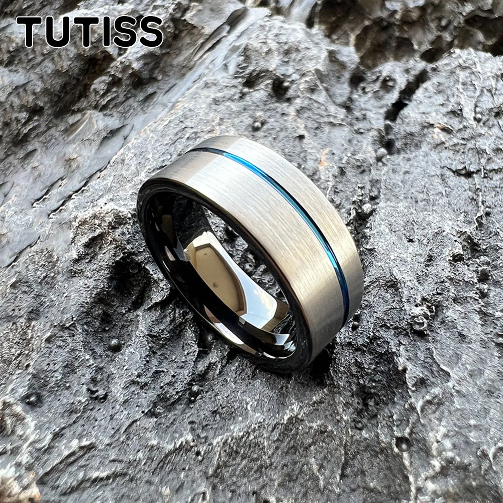 TUTISS-anel de carboneto de tungstênio para homens e mulheres, cor preto e azul, banda de casamento fashion, offset groove, acabamento escovado, 8mm