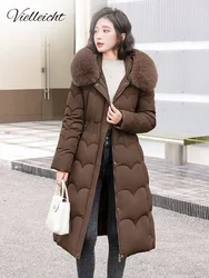 Vielleicht-Parkas longas grossas para mulheres, jaqueta puffer quente, casaco elegante com capuz de pele, roupas acolchoadas de algodão, inverno, novo, 2022