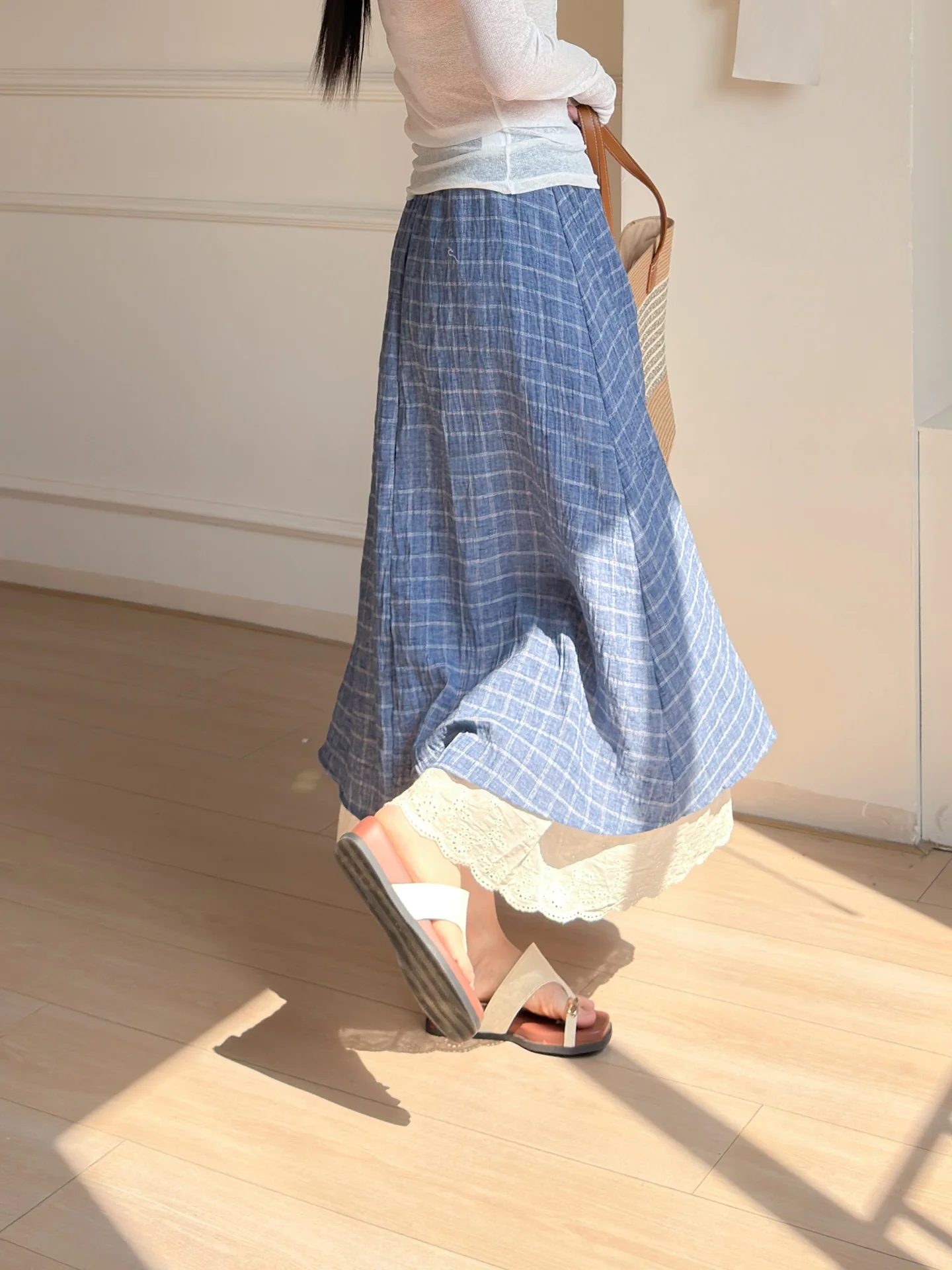 

Юбка миди А-силуэта с высокой талией, женская, с кружевной отделкой, эластичным поясом, в стиле пэчворк, с цветочным принтом, повседневная, средней длины