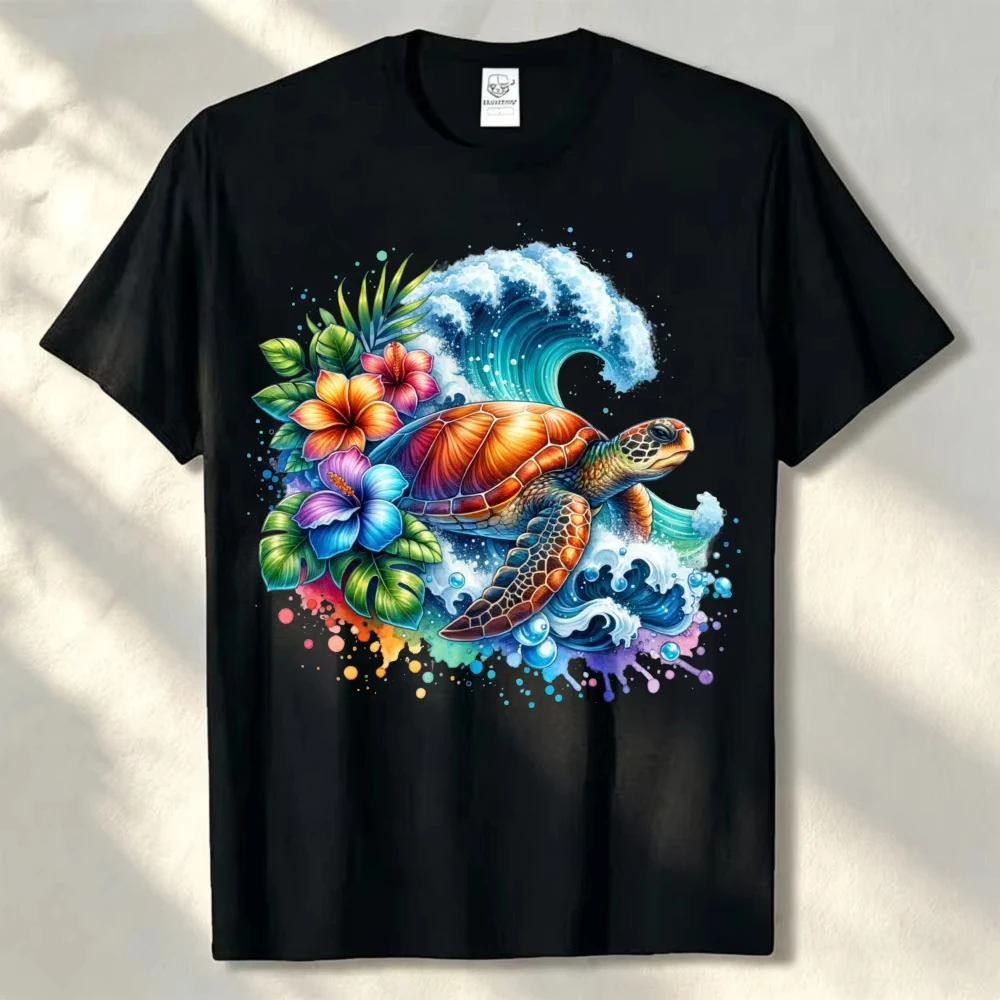 Sea Turtle Hibiscus Ocean Wave Tropical Graphic Tee Unisex Cotton Tee Beach Summer Vacation Casual Daily Basic Wear Top Shirt
