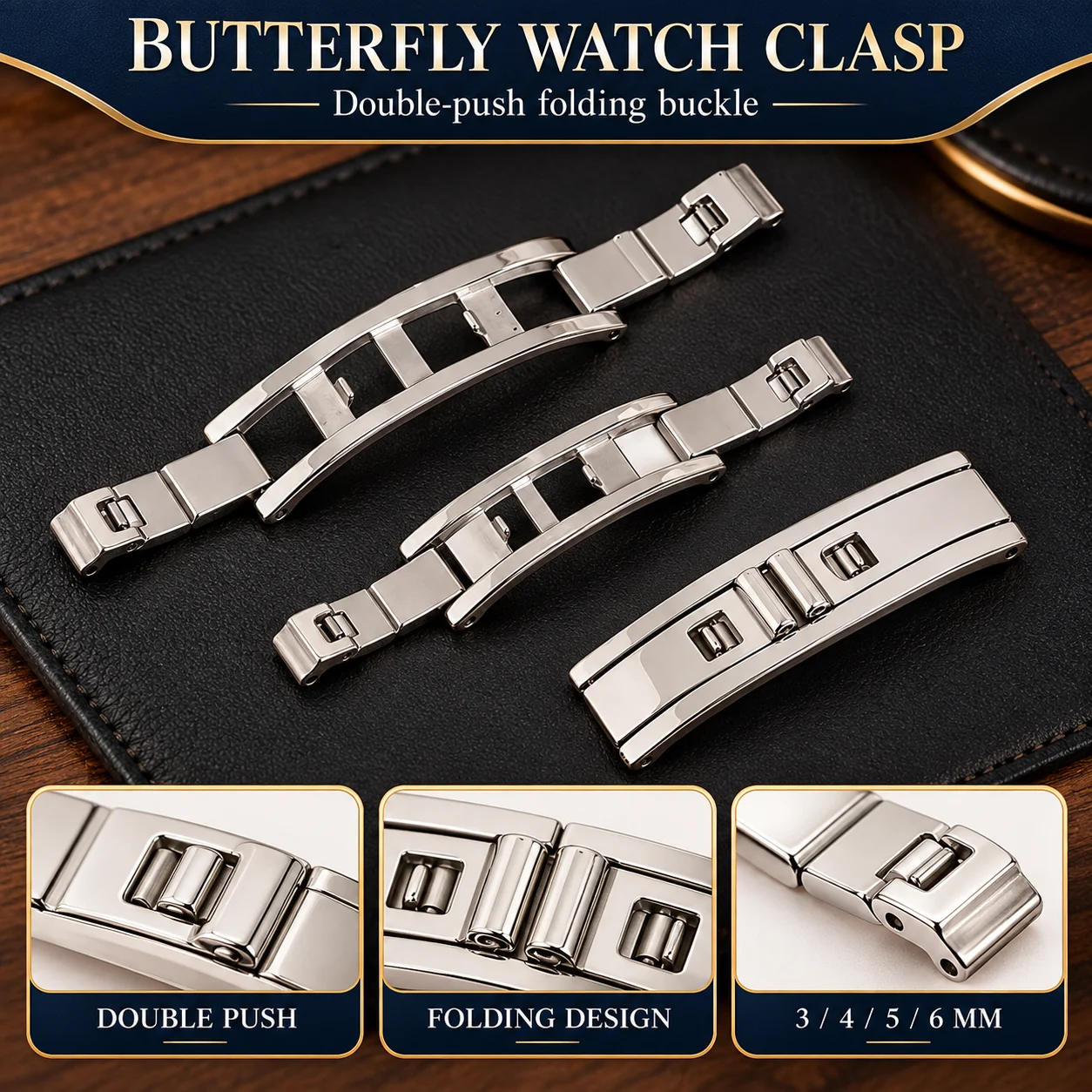 Stainless Steel Watchband Buckle 3mm 4mm 5mm 6mm Double Pull Folding Butterfly Clasp Watch Strap Connection Watch Accessories