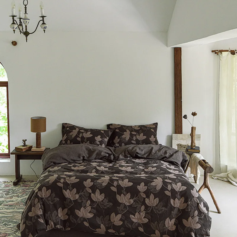 

Vintage Style All-Cotton Jacquard Bed Sheet Quilt Cover Set All Seasons Class Fitted Plant Pattern Yarn-Dyed Four-Piece Bedding