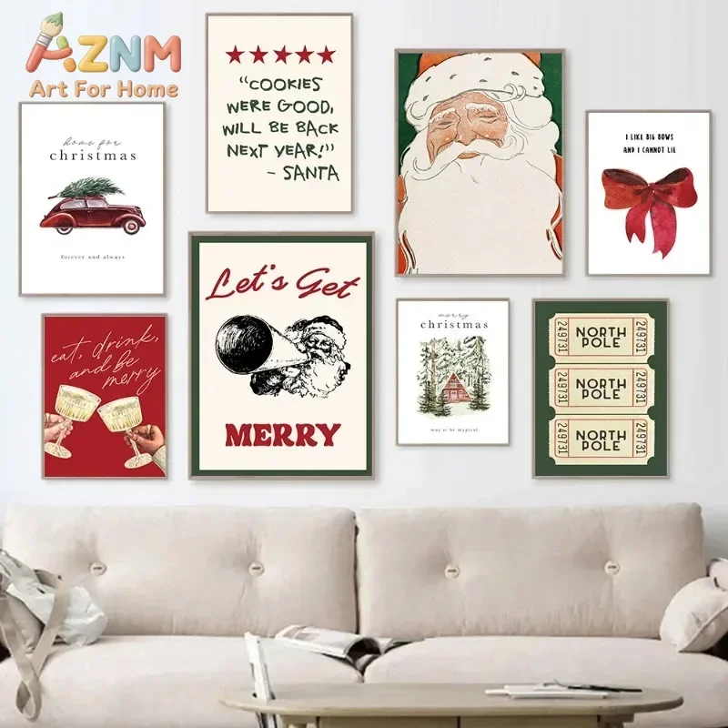 AZNM Retro Christmas Canvas Wall Art Funny Santa Quote Red Bow Vintage North Pole Ticket Holiday Xmas Unframed Canvas Home Decor
