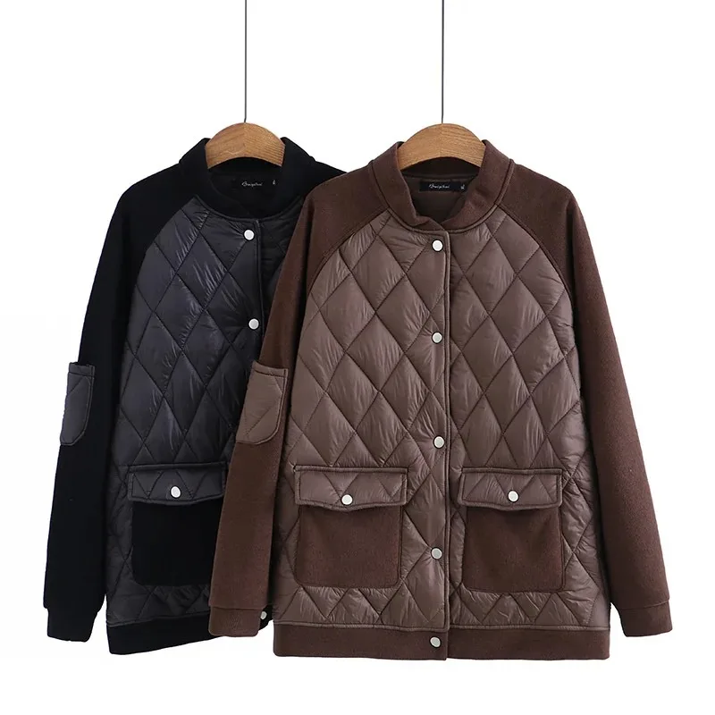 

2023 Winter Women Jacket Coats Parkas Female Splicing Diamond Lattice Down Cotton Overcoat Warm Jackets Windproof Casual Coat