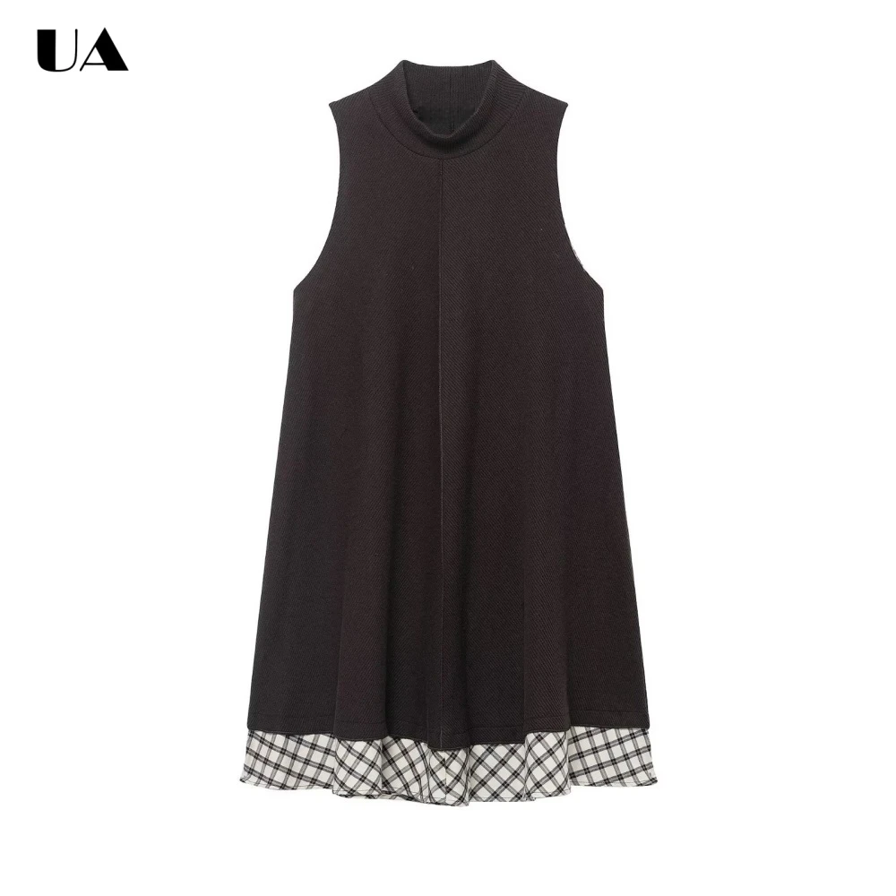 

Fashionable Sleeveless Half High Neck Mini Prom Dress, Trendy Plaid Patchwork Short Dress for Woman, Vintage Loose Party Dress