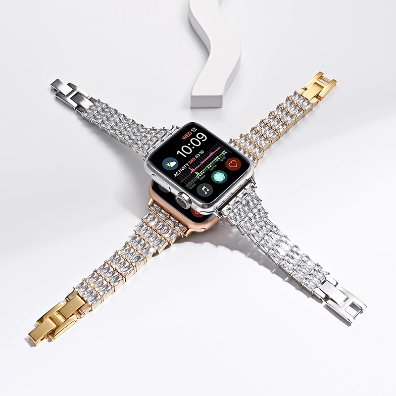 Bling Diamond Strap for Apple Watch Band 40mm 42 45 38 44 Real Zircon Copper Bracelet for IWatch Series 7 6 5 4 3 SE Accessories