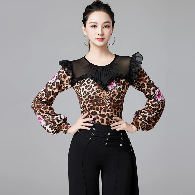 

2023 Leopard Print Long Sleeved Latin Dance Tops For Women Chacha Rumba Tango Dress Modern Latin Dance Practice Clothes DQL8687