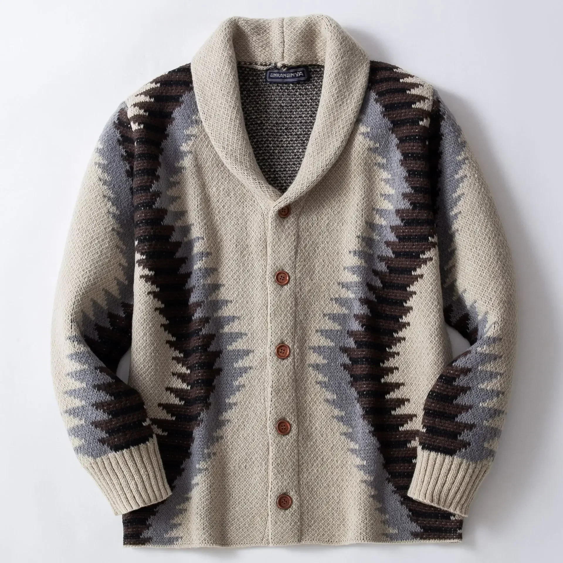 Men's Vintage Geometric Jacquard Knitted Jacket Warm Turn-down Collar Button-Up Sweater Coat Casual Winter Warmth
