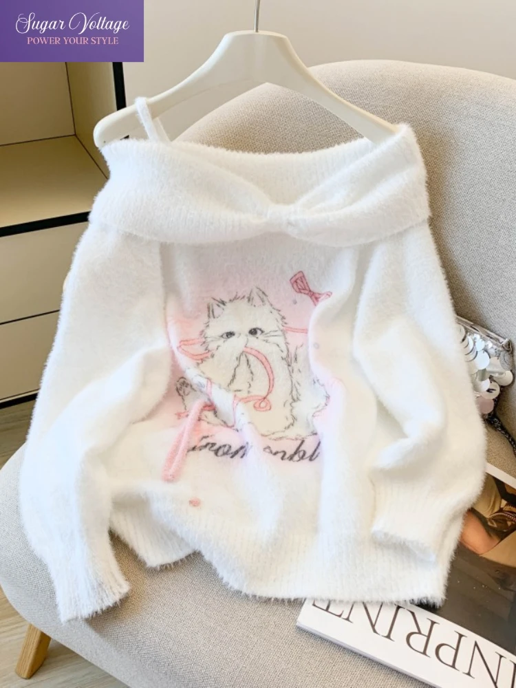 

Винтажный милый милый Y2k модный вязаный мягкий свитер женский свободный крой с длинным рукавом с разрезом на шее шикарные топы повседневные элегантные плюшевые пуловеры