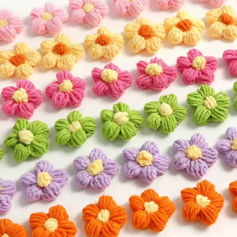Colorful Crochet Puff Flowers Cute Knitted Flower Appliques for DIY Hat Bag Clothes Hairpin Decoration, Sewing Craft Supplies