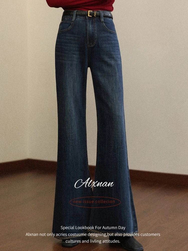 

ALXNAN Vintage Blue Straight Flared Jeans Autumn Wide-leg Women Cotton Denim Jeans 2025 Autumn Winter Casual Baggy Pants L57586