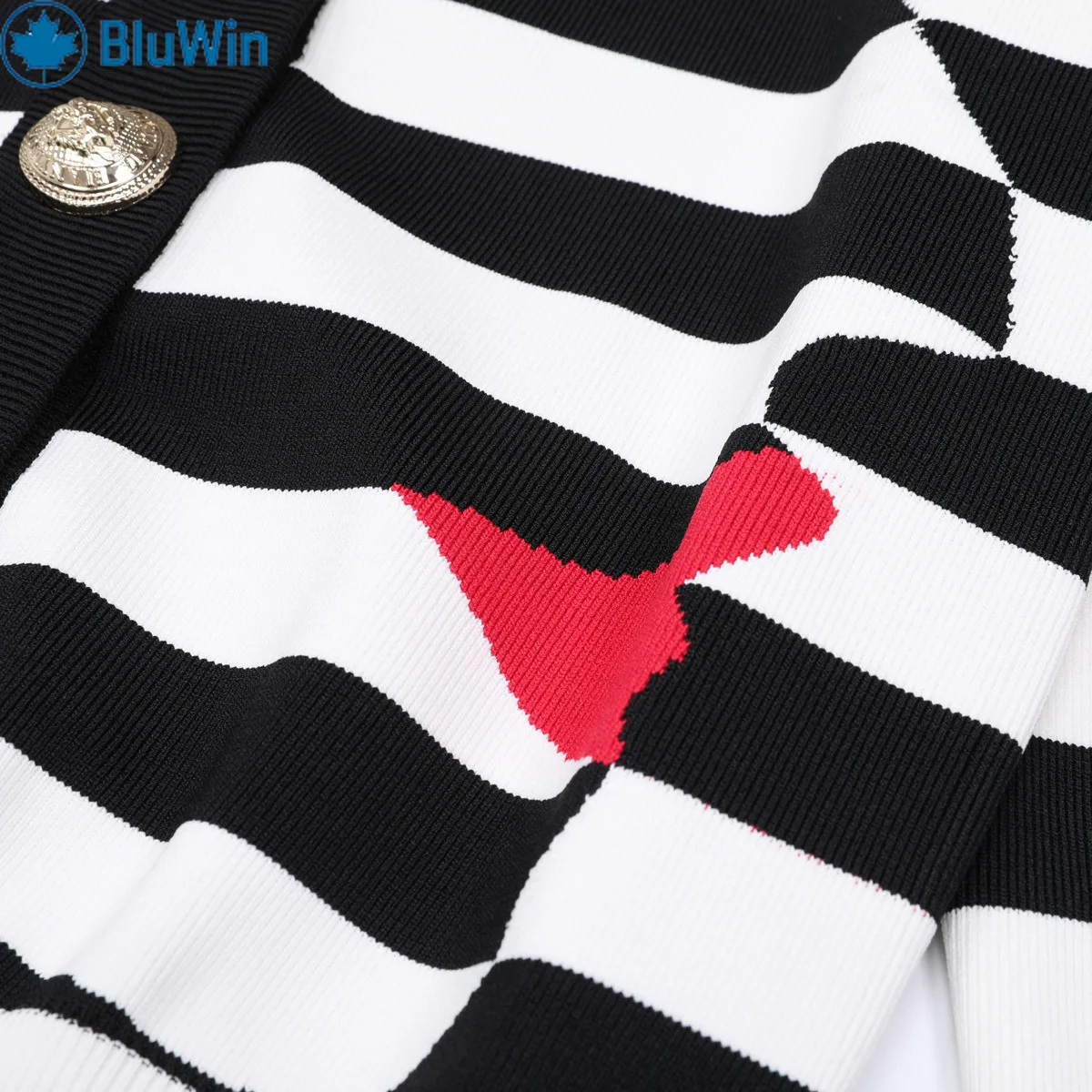BluWin Striped Art Face Cardigan Women - Crew Neck Gold Buttons Black White Knit Sweater Red Lips Pattern Chic