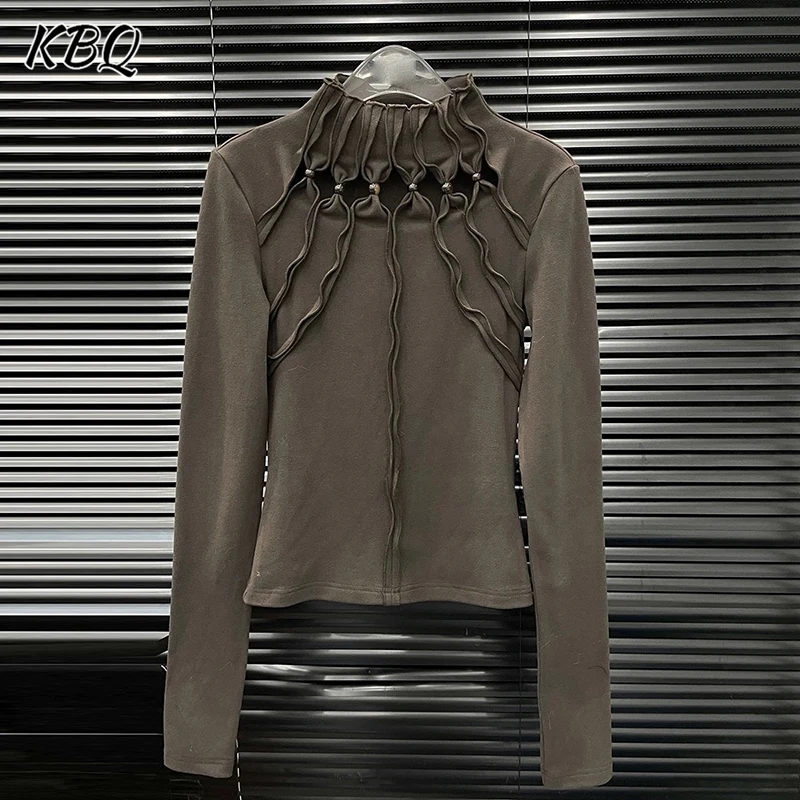 

KBQ однотонные модные шикарные топы для женщин с воротником-стойкой и длинным рукавом, повседневные рубашки с бисером, женский стиль, новинка зимы
