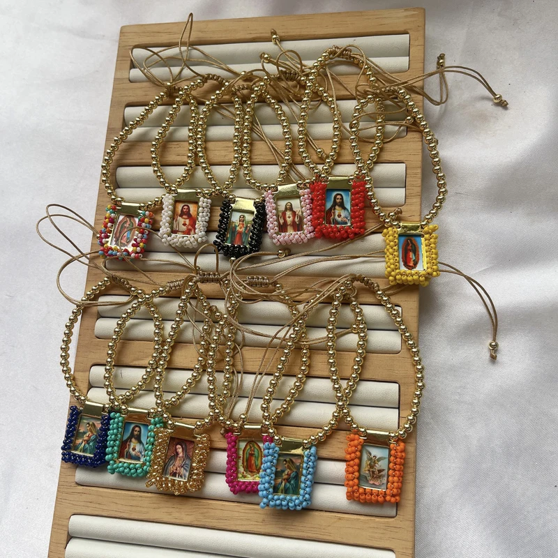 5 pcs/lot Religious Mary Jesus Charm Bracelets Colored Beads Handmade Gold Plated Brass Adjustable Pendant Bracelet Jewelry